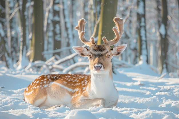 Foto ciervos acostados en la nieve en el bosque