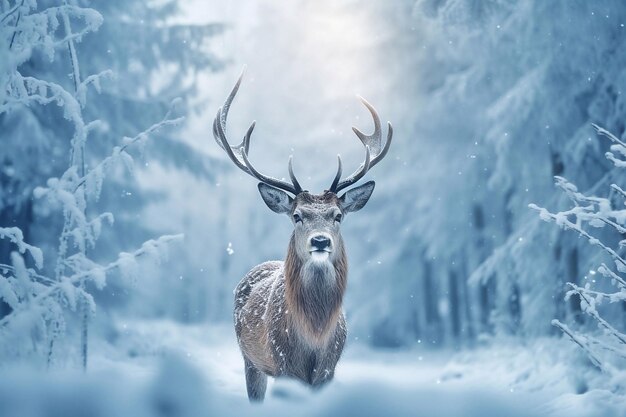 Ciervos en el bosque de invierno con copos de nieve en el fondo navideño