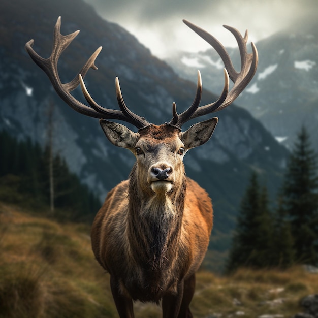 Ciervos en un bosque con montañas de fondo