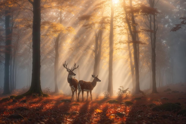 Ciervos en el bosque de niebla de otoño en las montañas