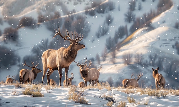 Ciervos en la nieve contra el cielo y las montañas Una manada de ciervos salvajes