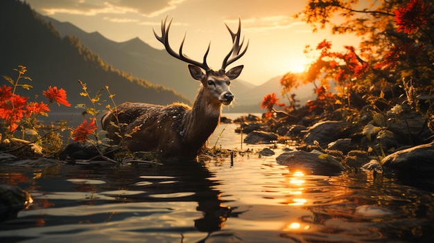 Foto ciervos pastando agua potable pacíficamente en el lago al atardecer