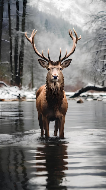 Foto ciervos en el río de nieve