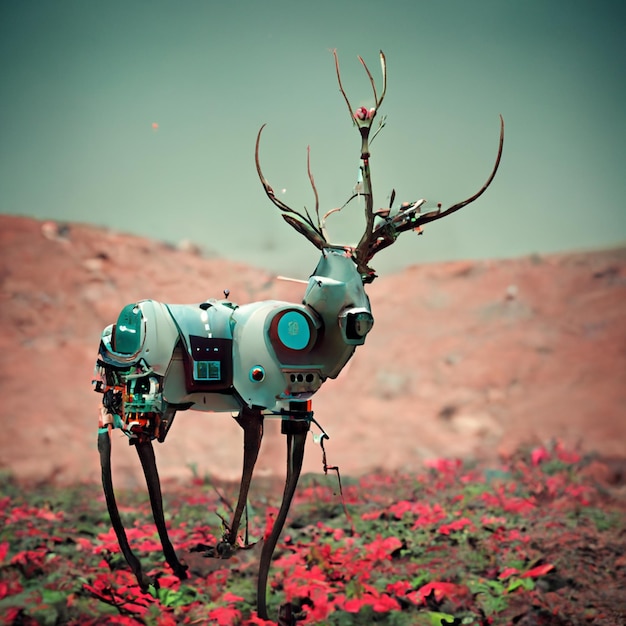 Ciervos robóticos en un jardín con flores.