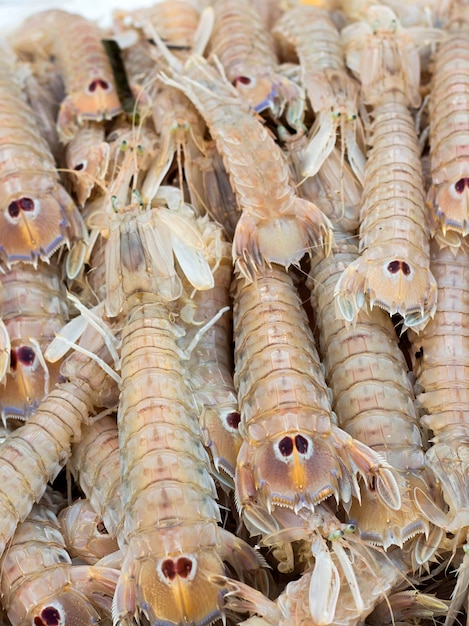 Cigarras crudas en un mercado de pescado de cerca