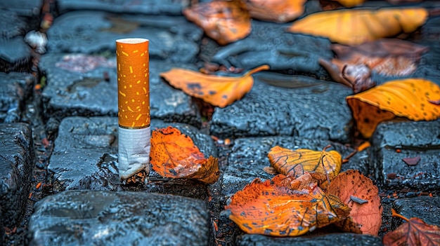 Un cigarrillo en la acera junto a las hojas