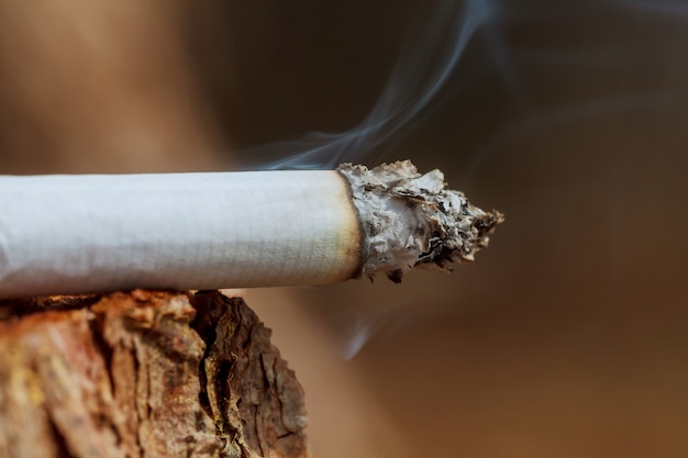 Cigarrillo con humo sobre fondo de madera