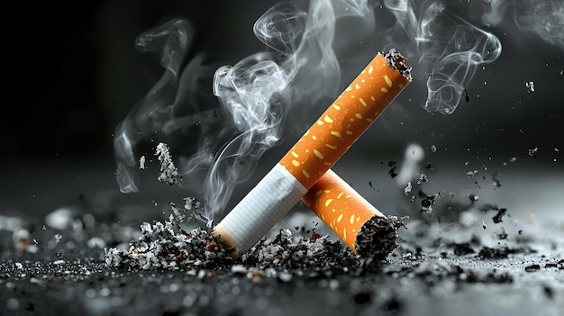 Los cigarrillos apagados en una superficie oscura con humo que se eleva