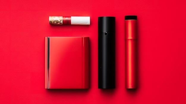 Cigarro electrónico del sistema para fumar tabaco sobre fondo rojo Vista superior IA generativa