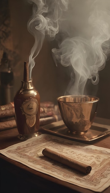 Foto un cigarro en una mesa de madera en el fondo