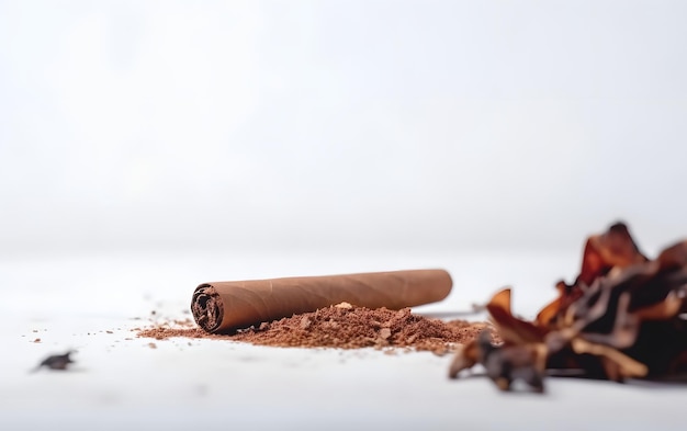 Un cigarro se sienta al lado de una pila de cacao en polvo.