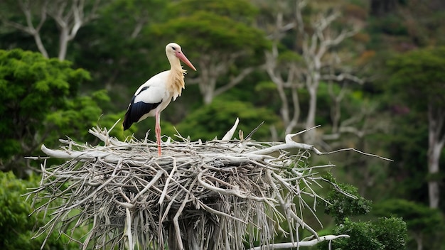 La cigüeña jabiru en el nido en lo alto del árbol seco en el pantanal brasileño