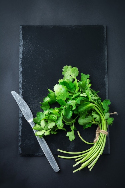 Cilantro verde fresco, hojas de cilantro sobre una mesa negra. Enfoque selectivo.