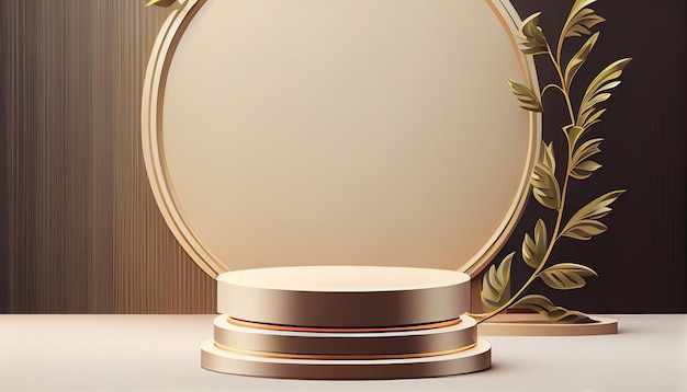 Cilindro 3d bege e dourado vazio pódio pedestal vago palco moderno vitrine Resumo mínimo