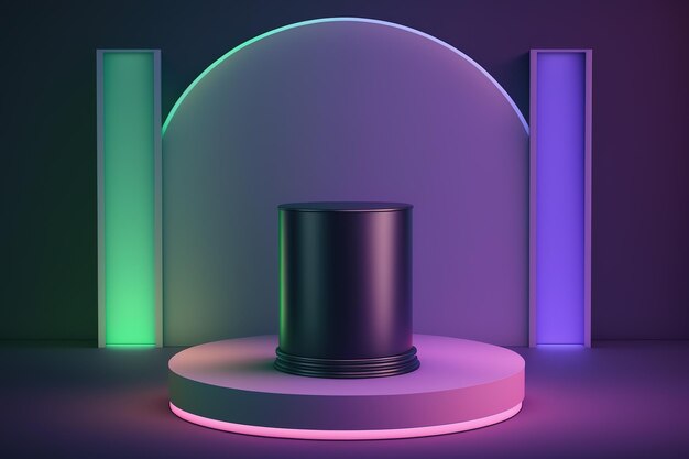 Cilindro 3D realista com um pódio de luz neon colorida para exibição do produto. IA gerada