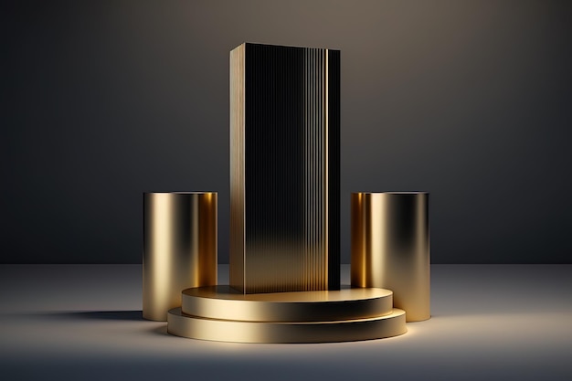 Cilindro 3D realista con un podio de lujo y dorado para exhibición de productos