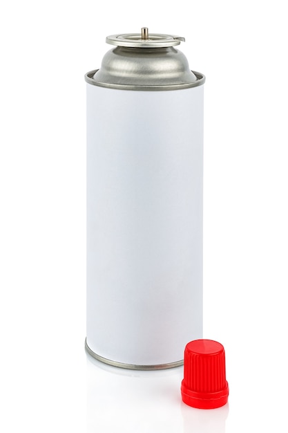Foto cilindro de gás portátil para tocha de soldagem com tampa de proteção vermelha removida isolada no branco