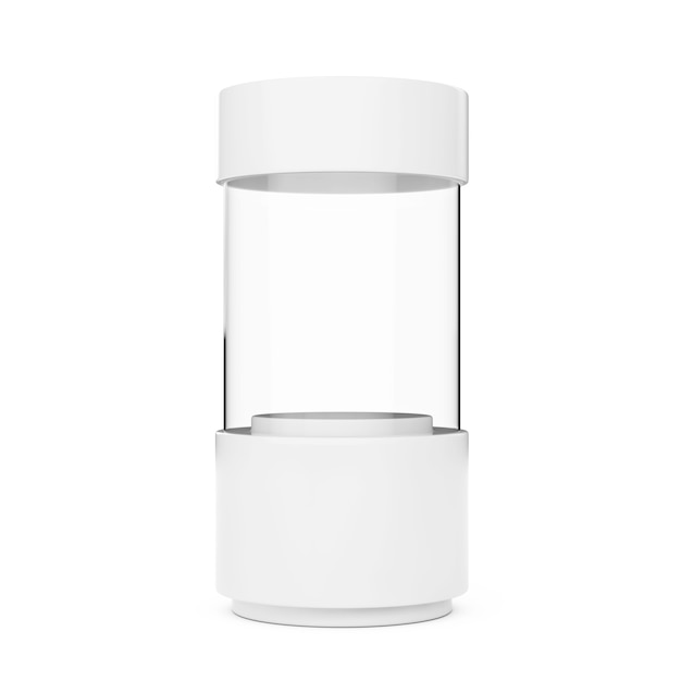 Cilindro de escaparate de tienda de vidrio vacío blanco sobre un fondo blanco. Representación 3D.