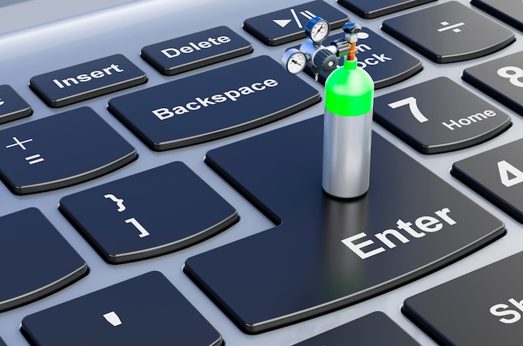 Foto cilindro de gas en el teclado del portátil renderizado 3d
