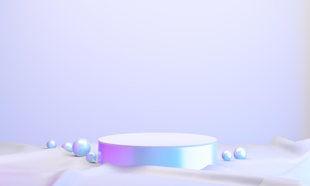 Un cilindro de podio de color holograma muestra fondo rosa azul claro con piso de tela. Representación de ilustración 3D.