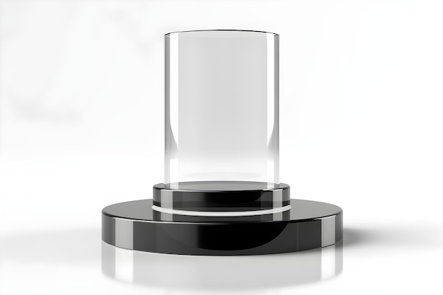 Foto un cilindro de vidrio sobre un pedestal negro.