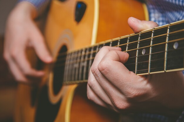 Cima, de, guitarrista, mão, violão jogo