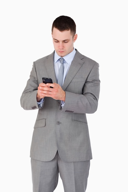 Cima, de, homem negócios, texting