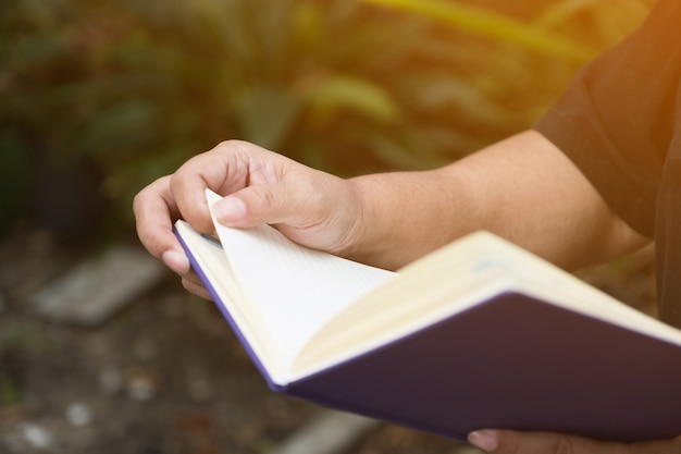 Foto cima, de, mão mulher, lendo um livro, com, luz solar, efeito