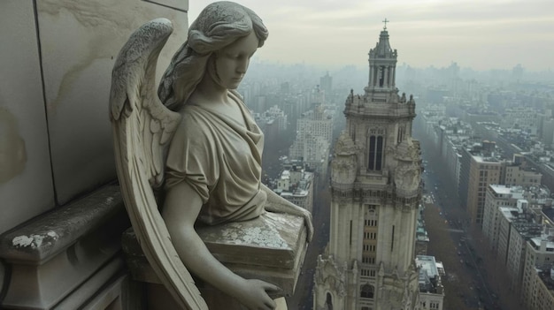 Foto en la cima de un imponente pilar de piedra una estatua gótica de ángel parece estar vigilando el bullicio