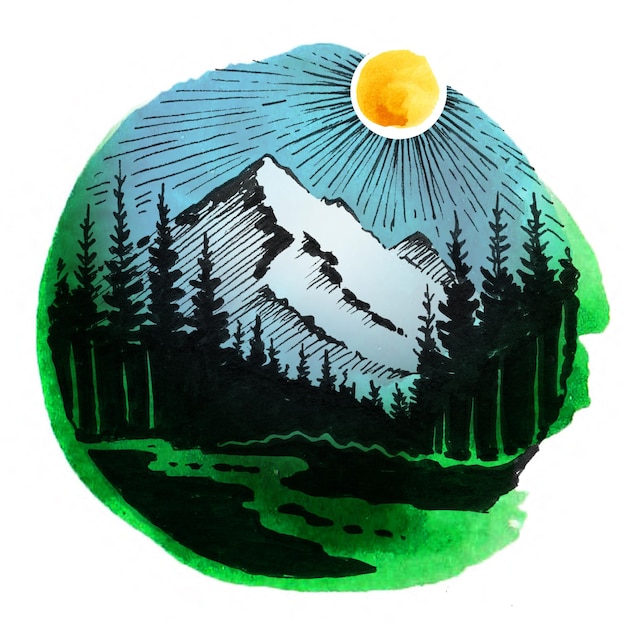 Cima de la montaña y bosque Ilustración dibujada a mano