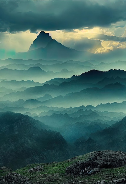 Cima de la montaña brumosa ilustrada en 3d