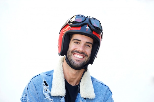 Cima, sorrindo, motociclista, desgastar, capacete, e, jean jacket