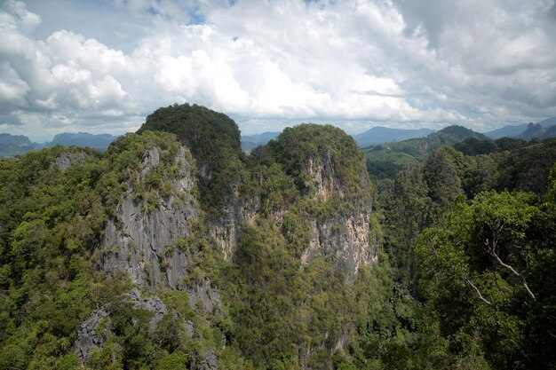 La cima del templo de la Cueva del Tigre Wat Tham Suea región de Krabi Tailandia En la cima de la montaña hay una gran estatua dorada de Buda que es una popular atracción turística