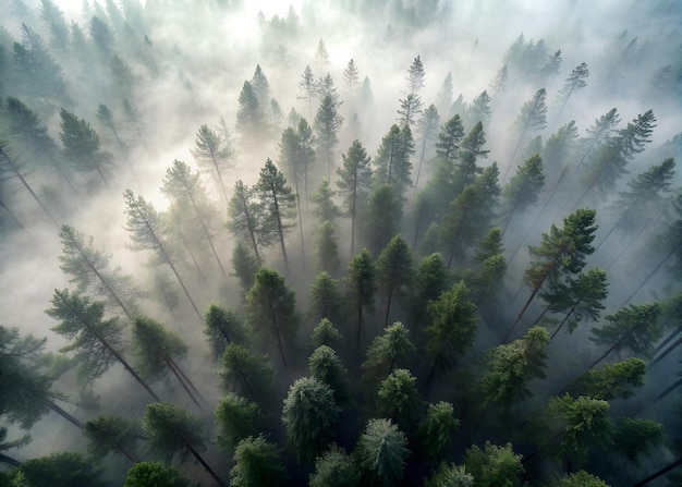 Foto cimas de uma floresta de pinheiros no nevoeiro