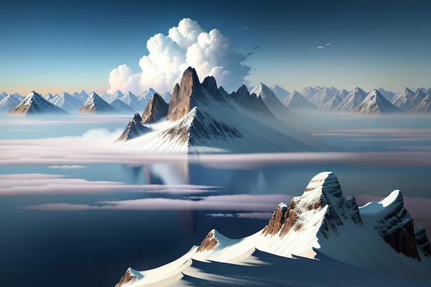 Cimas de montañas bajo cielo azul y nubes blancas paisaje natural papel tapiz fotografía de fondo