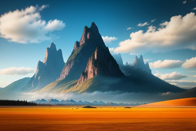 Cimas de montañas bajo cielo azul y nubes blancas paisaje natural papel tapiz fotografía de fondo