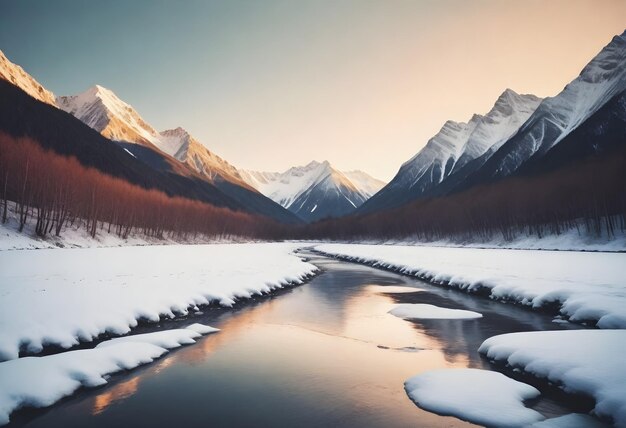 Cimas de montañas cubiertas de nieve durante la puesta de sol con un río parcialmente congelado en primer plano