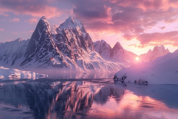 Las cimas de las montañas cubiertas de nieve reflejan un sunri rosado