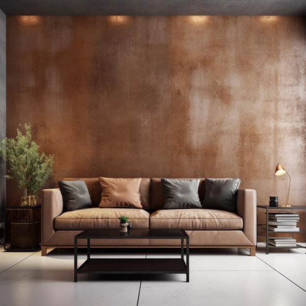 Cimento e com parede decorada com cobre e sofá de couro castanho Design de interiores