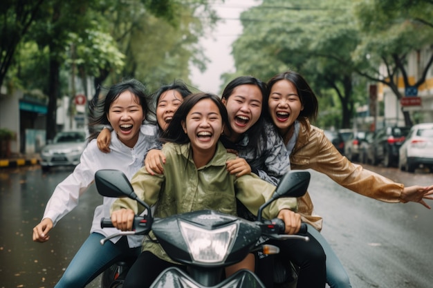 Cinco adolescentes asiáticas engraçadas a andar de moto num dia chuvoso conceito de felicidade