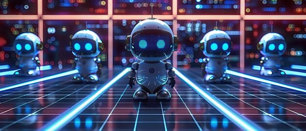 Cinco adorables robots con ojos azules de pie en una cuadrícula futurista rodeados de luces de neón