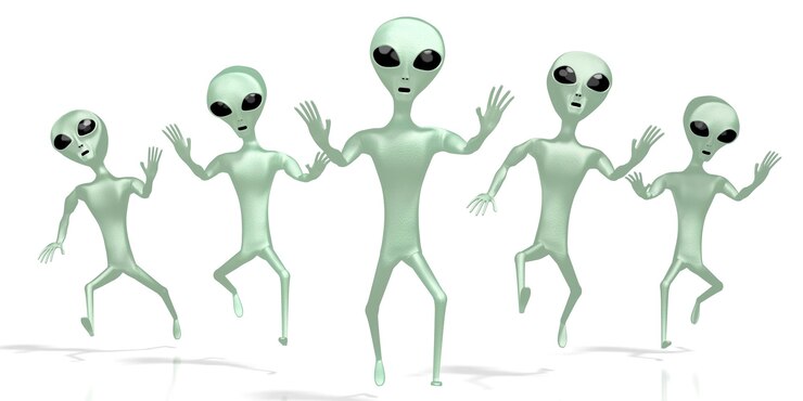 Foto cinco alienígenas verdes isolados no fundo branco