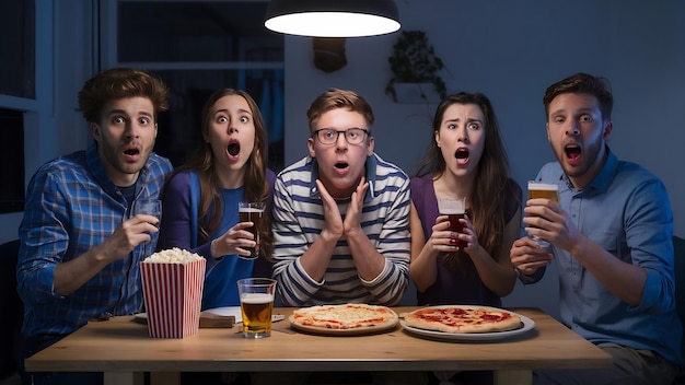 Cinco amigos espantados passam a noite em casa a ver um programador de notícias chocado por algo a beber.