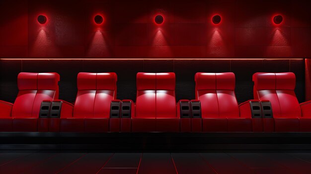 Foto cinco assentos de cinema de couro vermelho vazios em fila com spotlights vermelhos na parede traseira