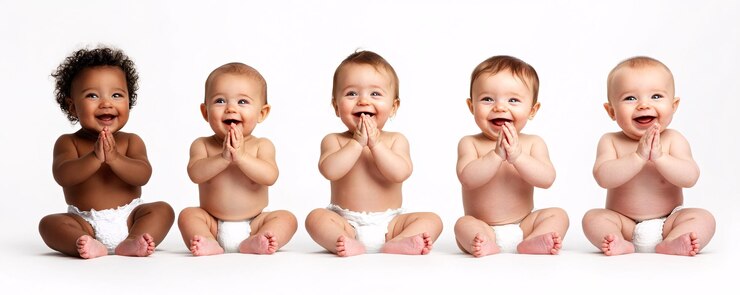 Cinco bebés adorables sentados y aplaudiendo
