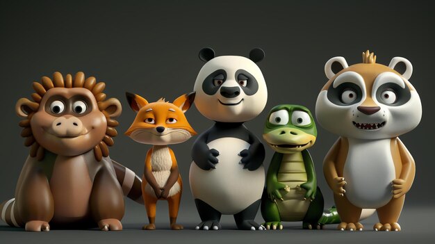 Cinco bonitos personagens de desenhos animados de animais estão de pé em uma fila contra um fundo cinza