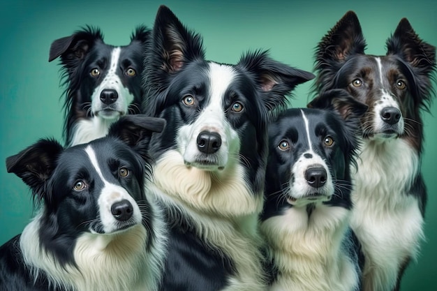 Cinco border collies olhando para a câmera contra um fundo verde e azul