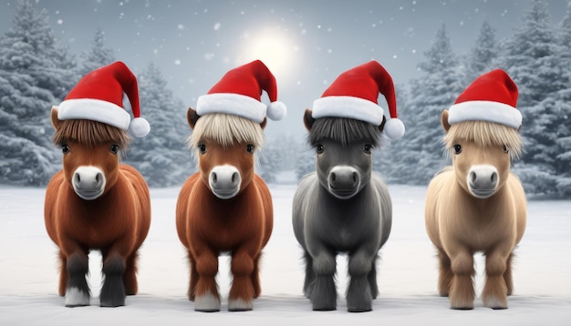 Foto cinco caballos con sombreros de papá noel