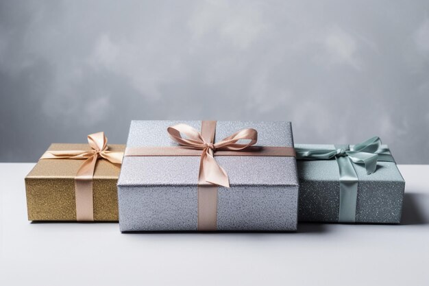 Cinco cajas de regalo con cintas doradas, una de las cuales dice 'te amo'