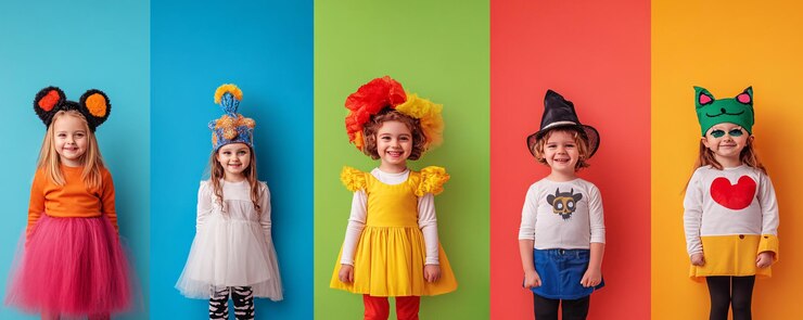 Cinco chicas jóvenes felices con trajes vibrantes posan sorprendentemente contra un telón de fondo colorido con espacio para el texto